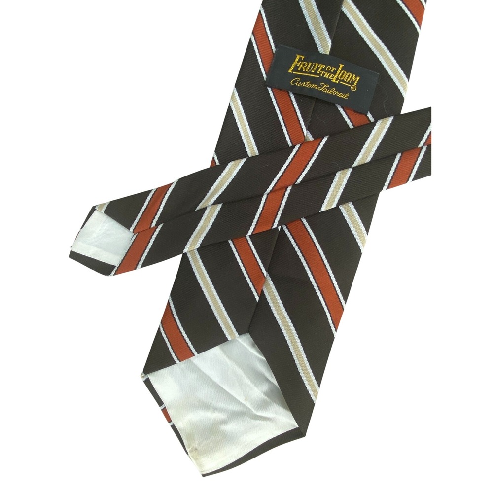 VTG Fruit of the Loom Tie Mens Brown Rust Orange Beige Repp Stripe 70s 55x4